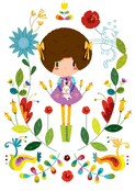 Jardin enchant&eacute; avec petite fille et lapin